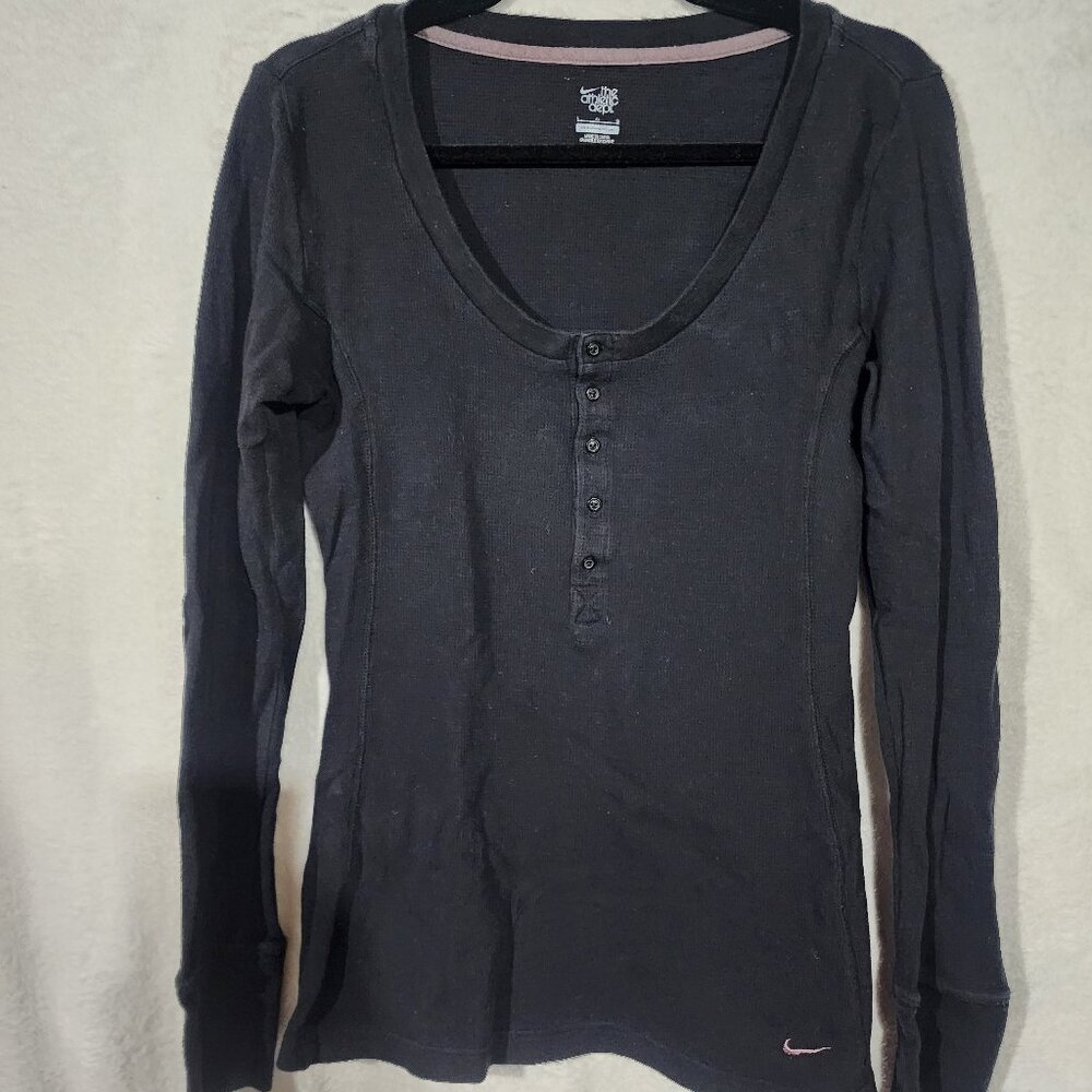 NIKE 5 Button Long Sleeve Fitted Waffle Thermal Henley Shirt SZ Large Cotton